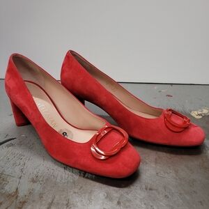 Stuart Weitzman Anicia Block Heel Leather Pump In Lipstick Red Christmas shoes